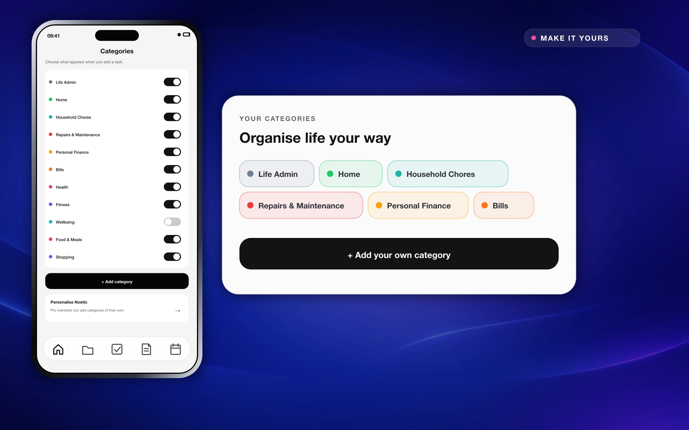 Noetic Android workspace showing personal categories for life admin, home, finance and wellbeing